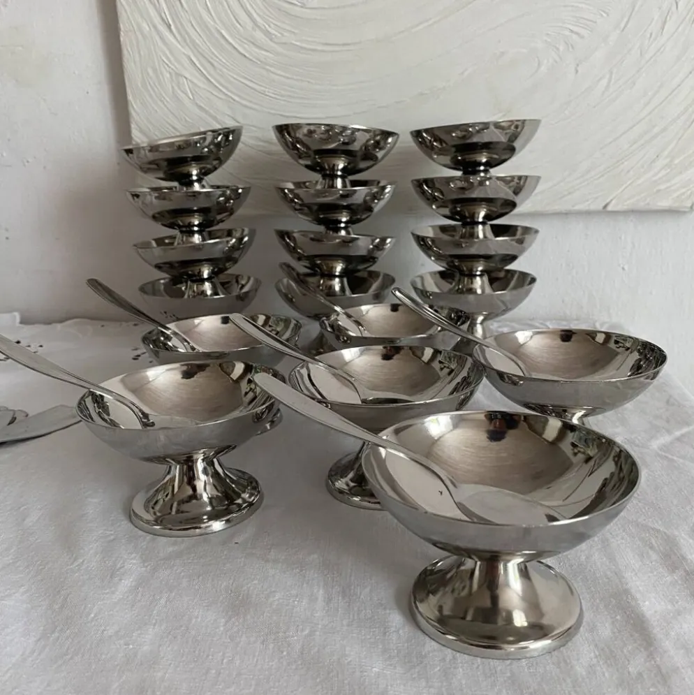 Coupes à glace en inox et cuillères,années 60-70 ,Boîtes d'origine