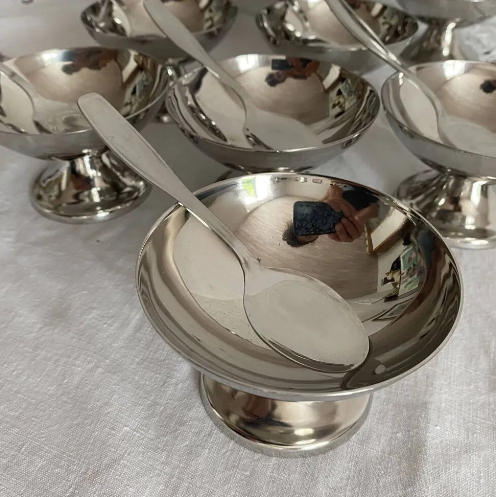 Coupes à glace en inox et cuillères,années 60-70 ,Boîtes d'origine