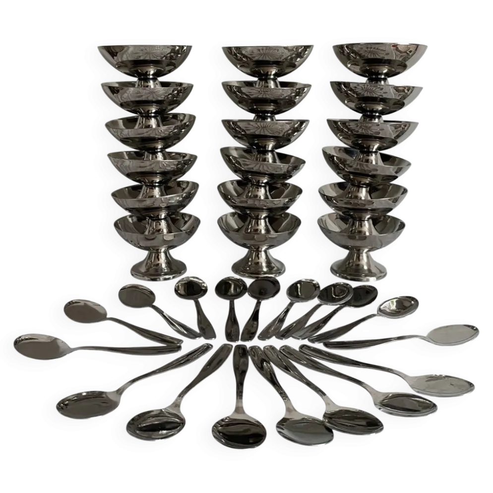 Coupes à glace en inox et cuillères,années 60-70 ,Boîtes d'origine