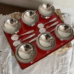 Coupes à glace en inox et cuillères,années 60-70 ,Boîtes d'origine