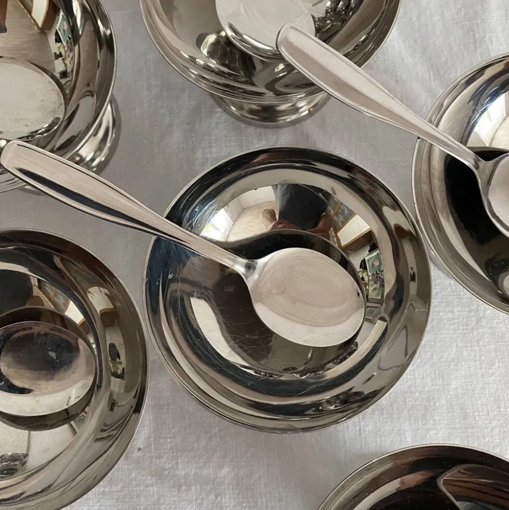 Coupes à glace en inox et cuillères,années 60-70 ,Boîtes d'origine