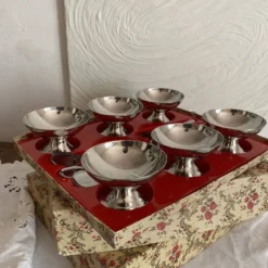 Coupes à glace en inox et cuillères,années 60-70 ,Boîtes d'origine
