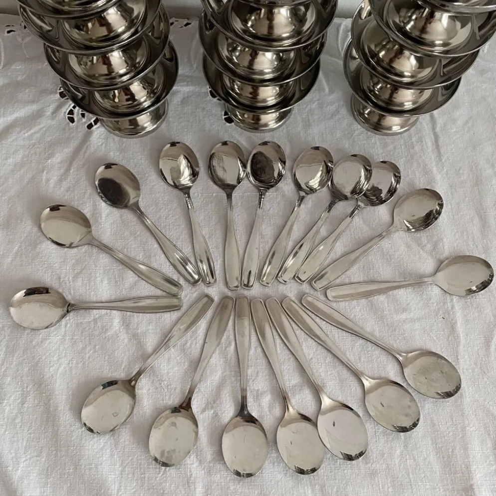 Coupes à glace en inox et cuillères,années 60-70 ,Boîtes d'origine