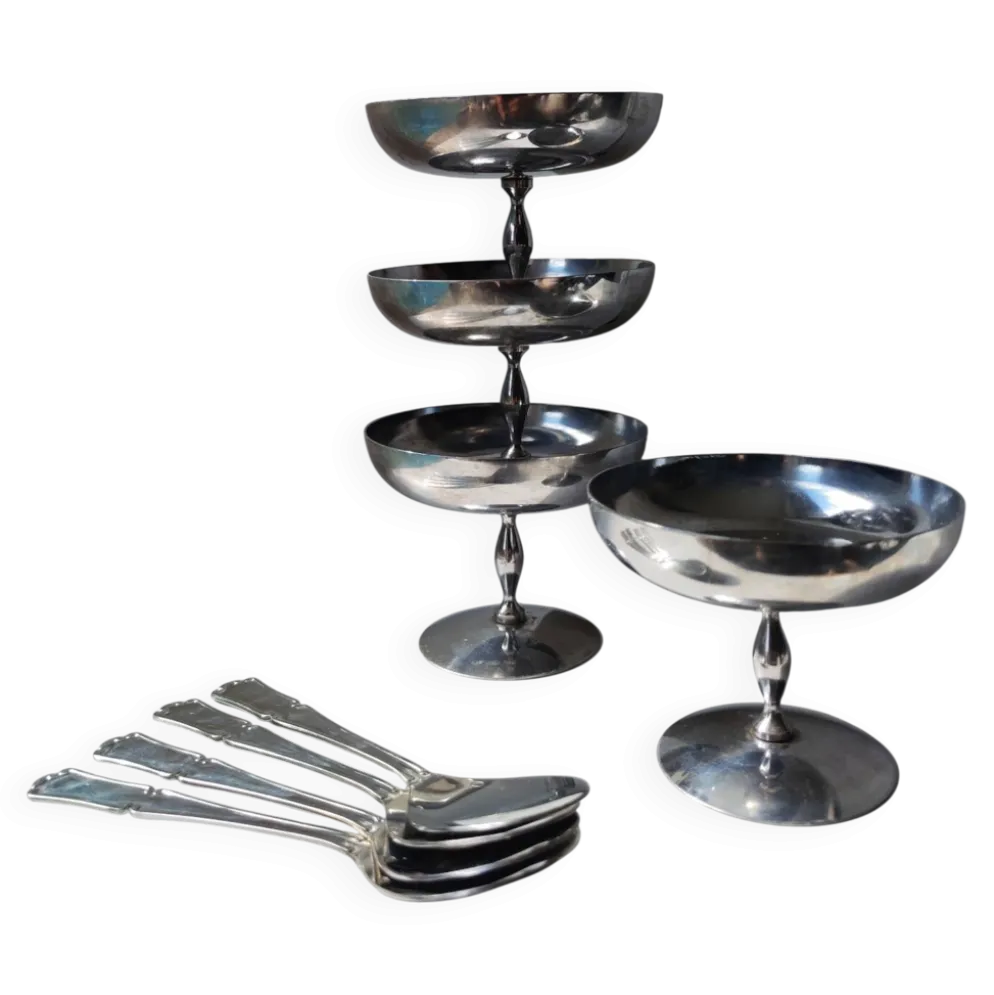 4 coupes à sorbet vintage en acier chromé inoxydable