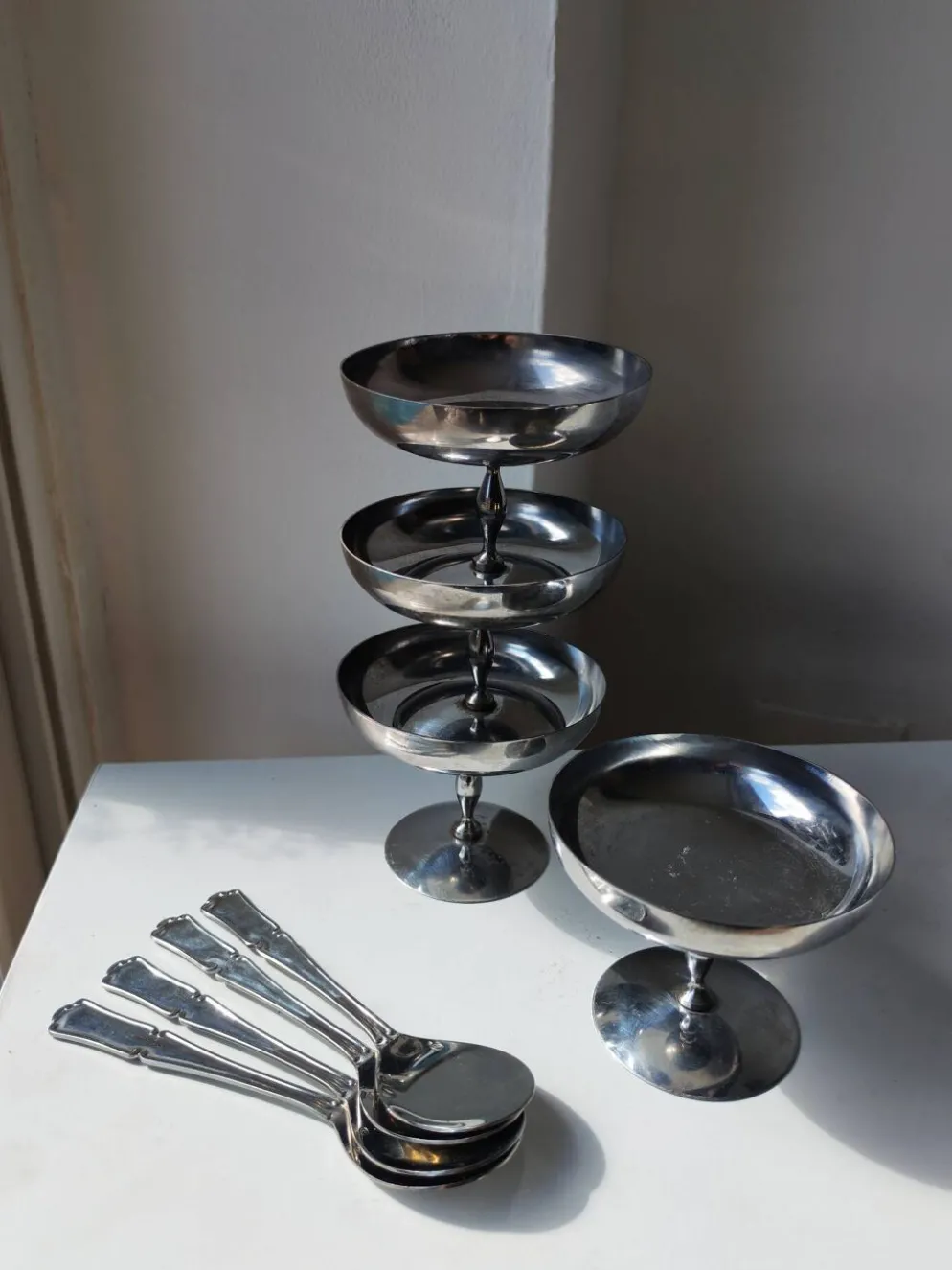 4 coupes à sorbet vintage en acier chromé inoxydable