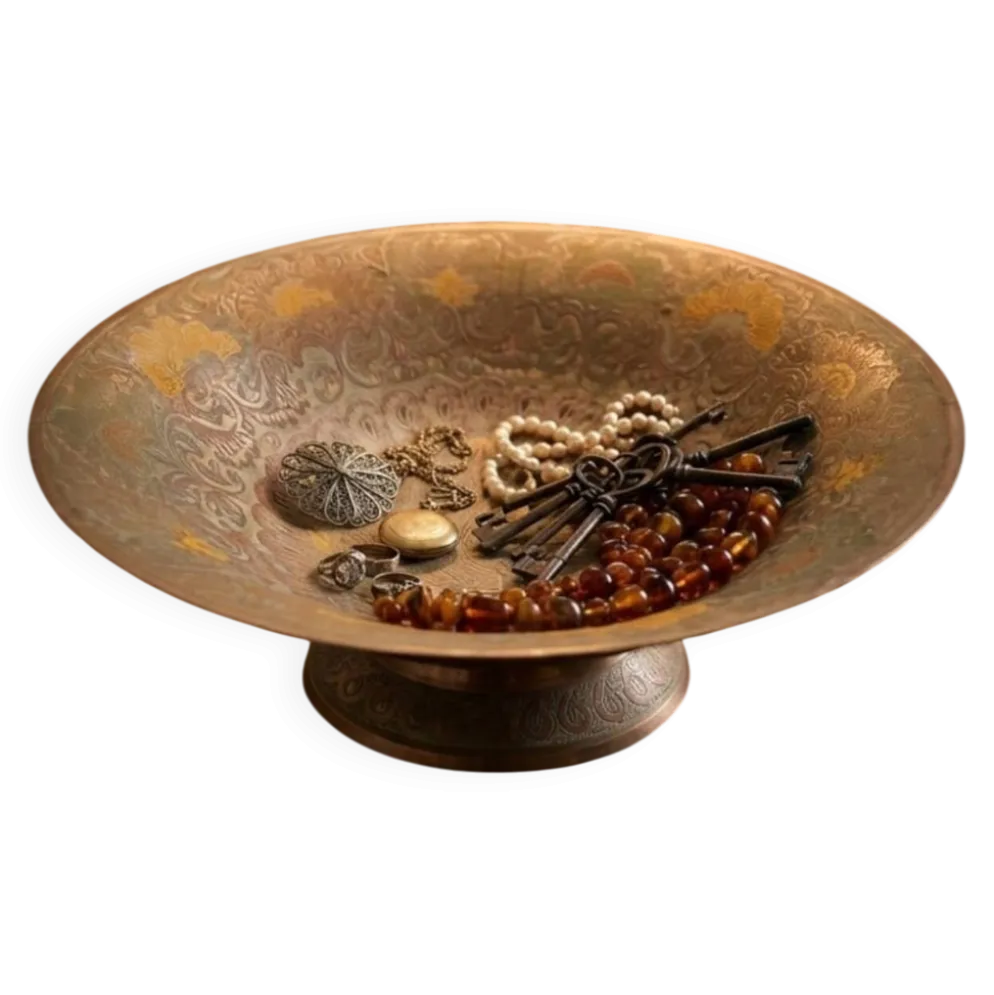 Coupe sur Piédouche / Coupelle Vintage en Laiton Ciselé — Motif Paon
