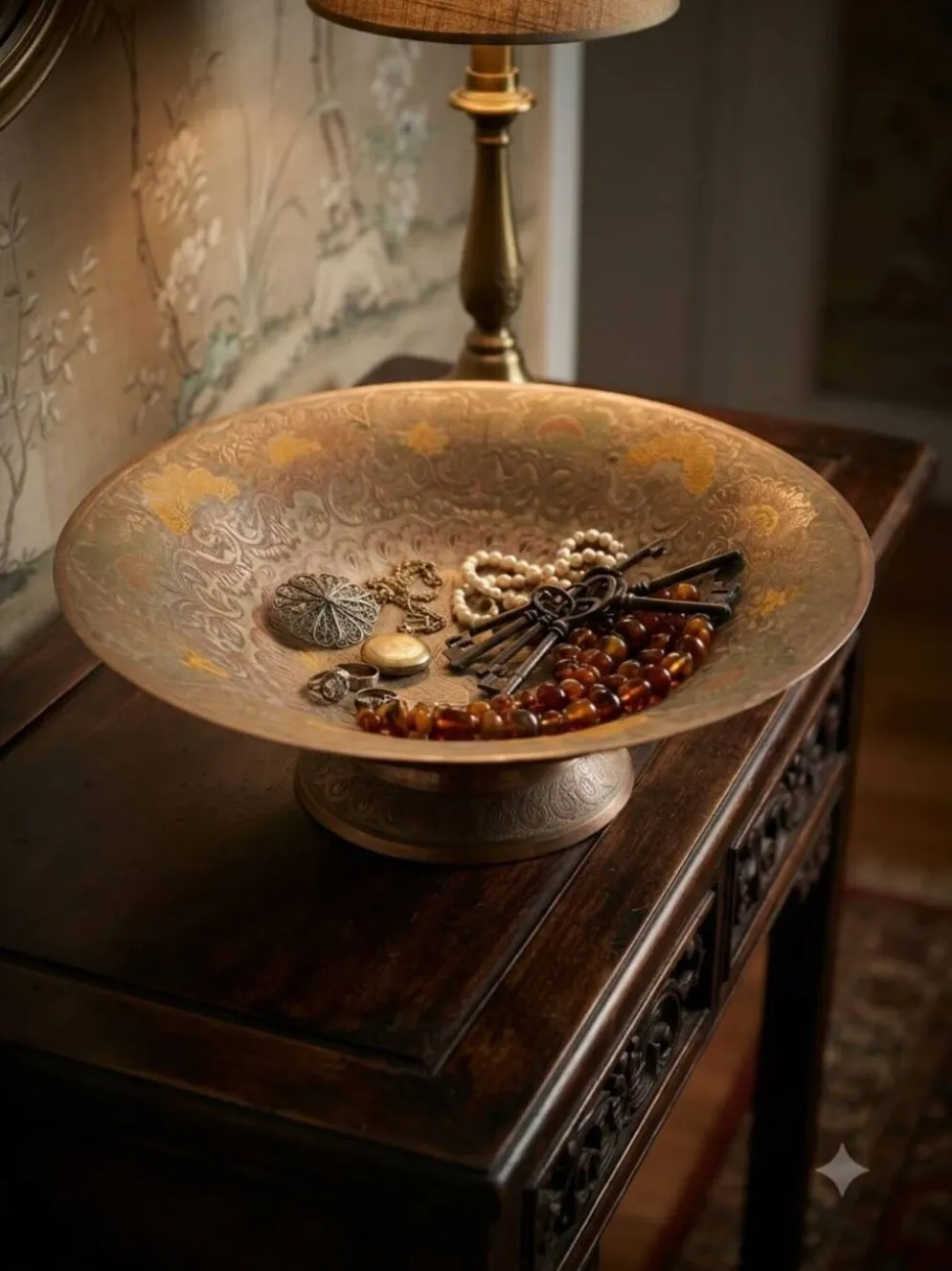 Coupe sur Piédouche / Coupelle Vintage en Laiton Ciselé — Motif Paon