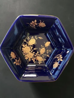 Coupe sur pied vintage BAREUTHER Bavaria, porcelaine cobalt et or, années 1