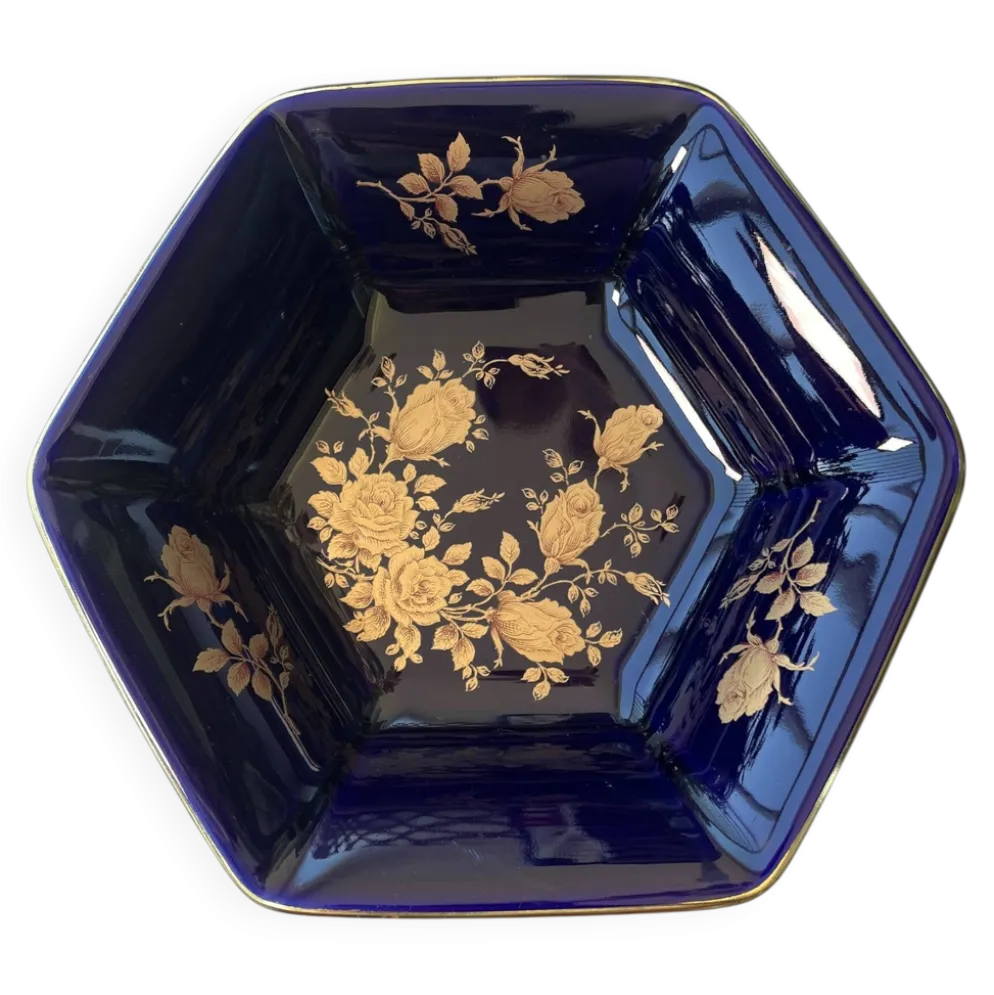 Coupe sur pied vintage BAREUTHER Bavaria, porcelaine cobalt et or, années 1