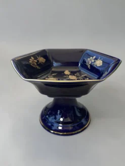 Coupe sur pied vintage BAREUTHER Bavaria, porcelaine cobalt et or, années 1