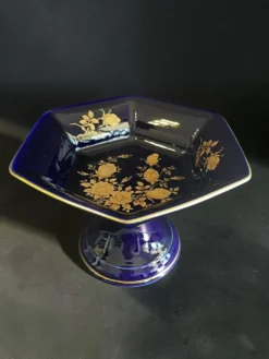 Coupe sur pied vintage BAREUTHER Bavaria, porcelaine cobalt et or, années 1