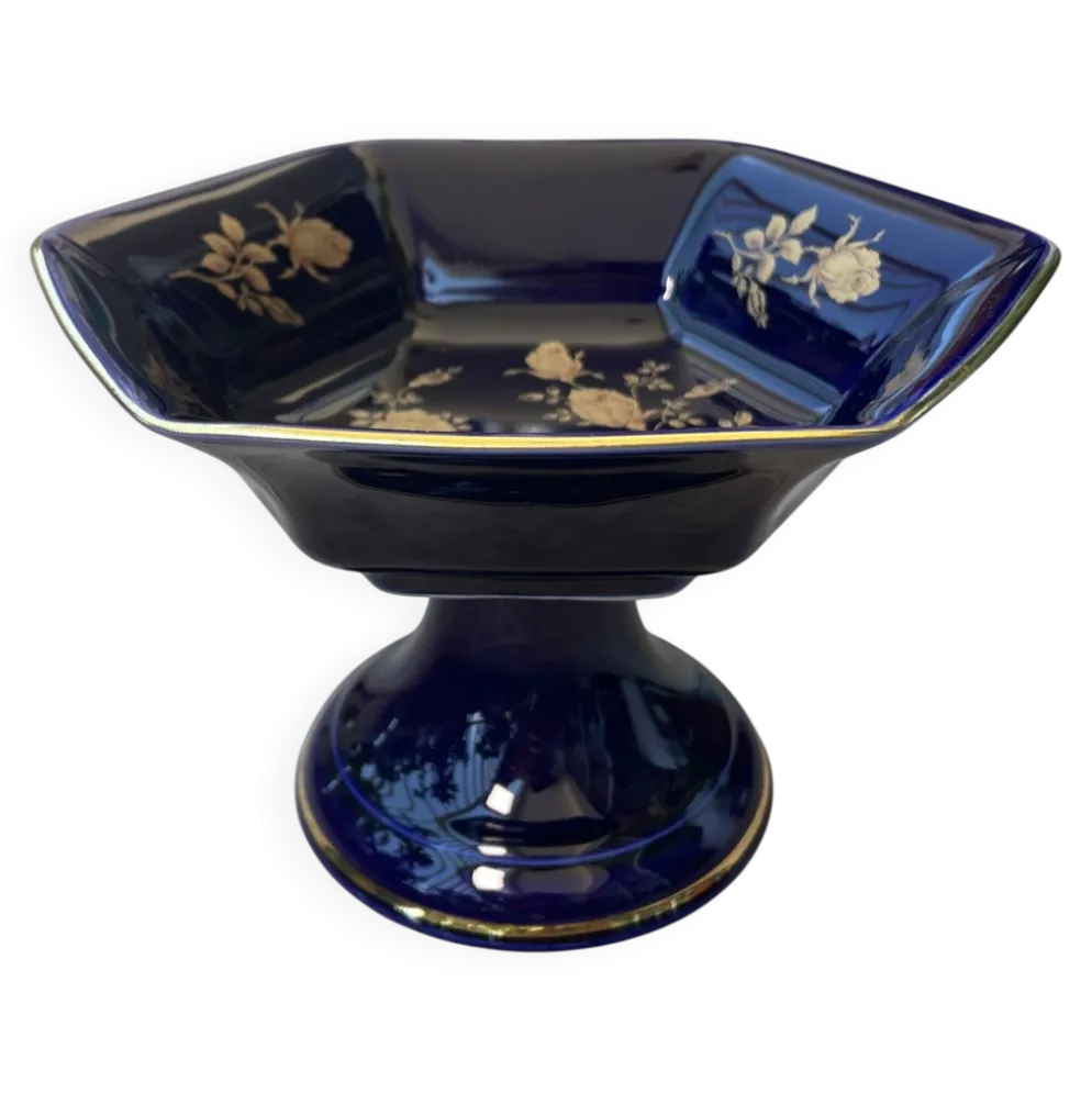 Coupe sur pied vintage BAREUTHER Bavaria, porcelaine cobalt et or, années 1
