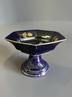 Coupe sur pied vintage BAREUTHER Bavaria, porcelaine cobalt et or, années 1