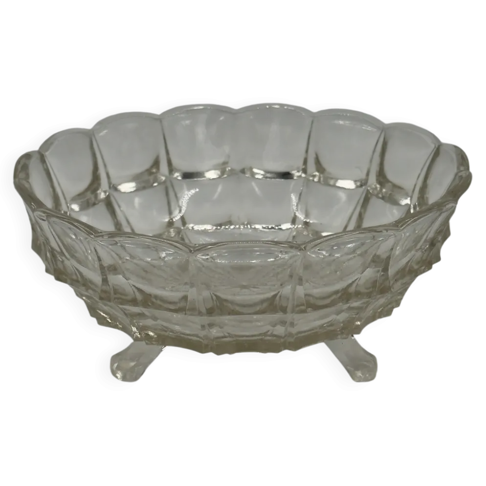 Coupe sur pied vintage en verre pressé, bord festonné taillé diamant