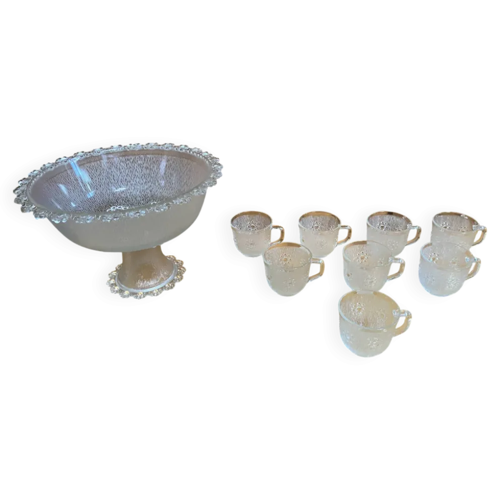 Coupe + 8 tasses masserini barocco verre moulé rang de perles vintage