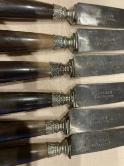 6 couteaux à dessert avec couverts de service à manche en corne