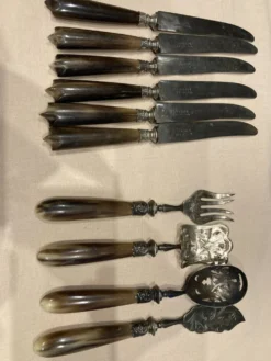 6 couteaux à dessert avec couverts de service à manche en corne