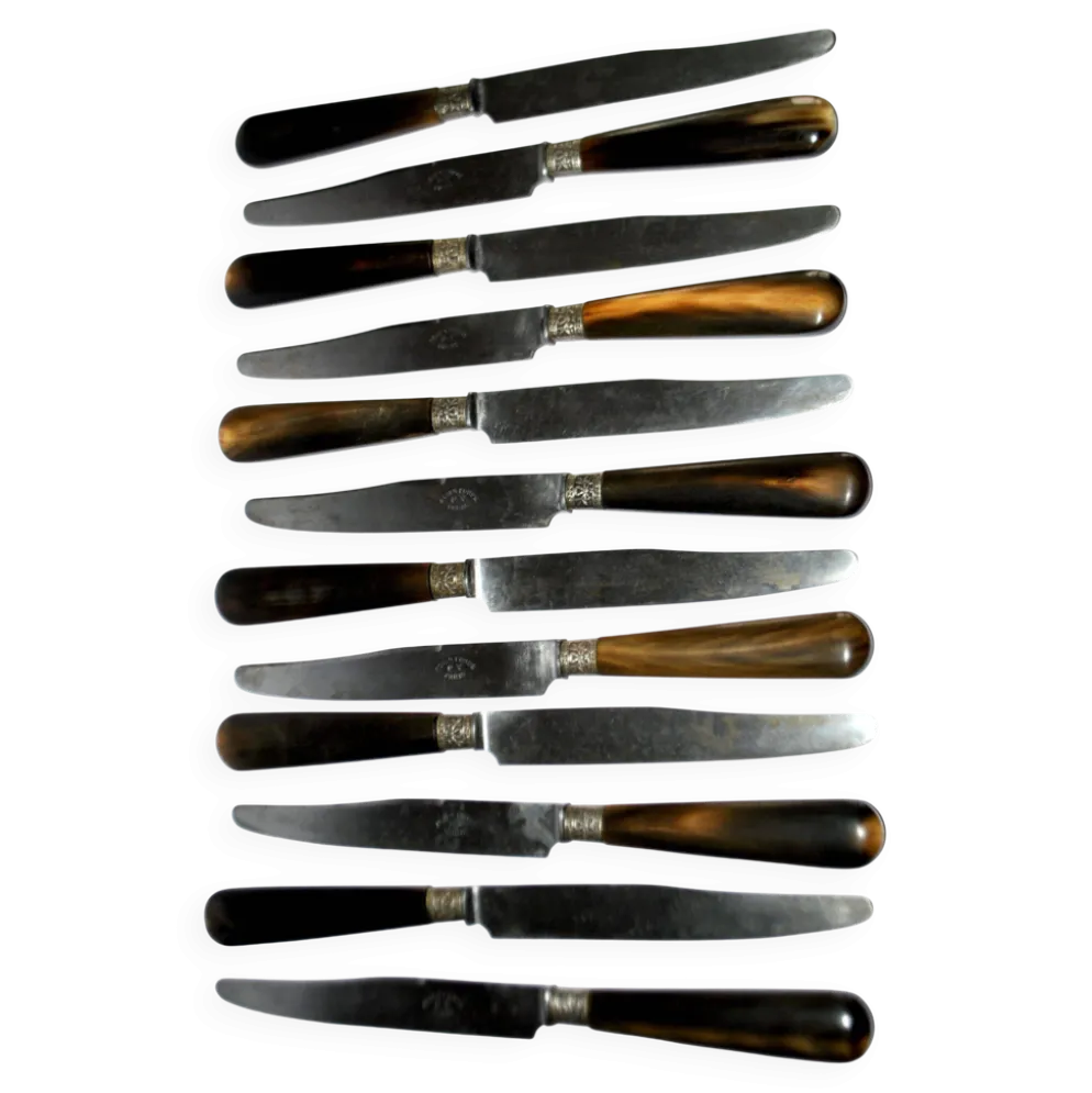 12 couteaux de table en corne et lame en acier forgé PV Paris, 1900