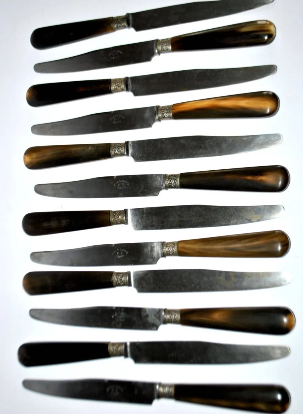 12 couteaux de table en corne et lame en acier forgé PV Paris, 1900
