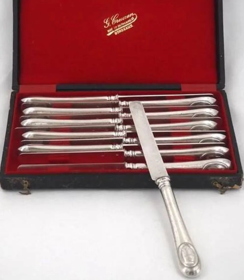 12 couteaux à fruits, lames et manches argent Minerve, guillochés, Napoléon III.