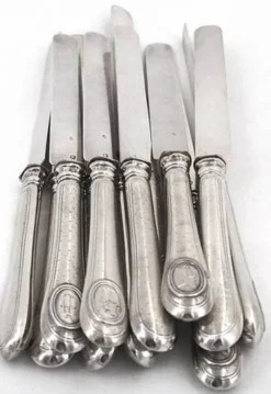12 couteaux à fruits, lames et manches argent Minerve, guillochés, Napoléon III.