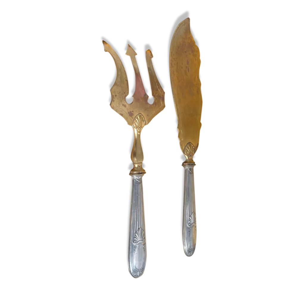 Couvert de service à poisson, argent fourré, métal doré, France