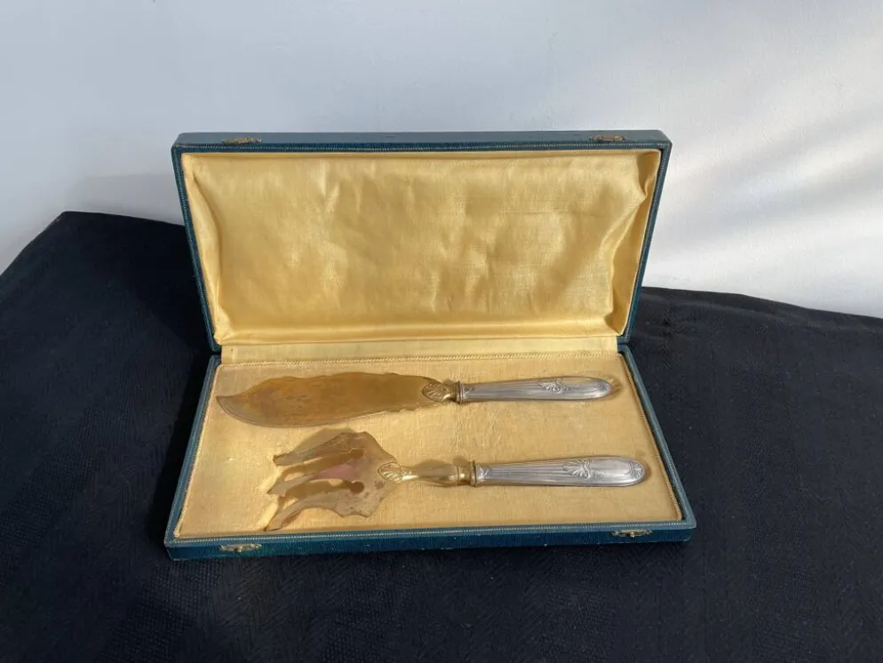 Couvert de service à poisson, argent fourré, métal doré, France