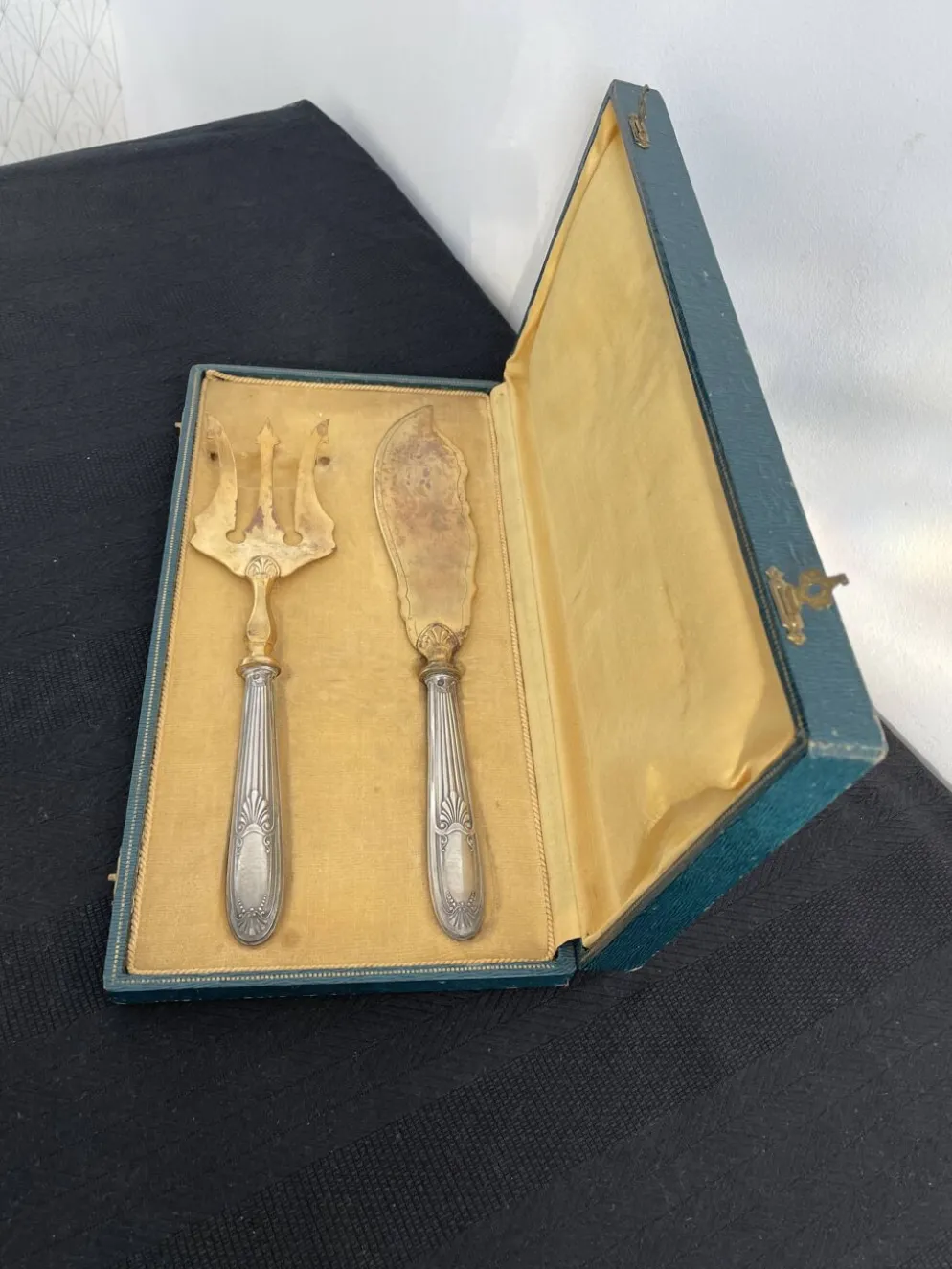 Couvert de service à poisson, argent fourré, métal doré, France