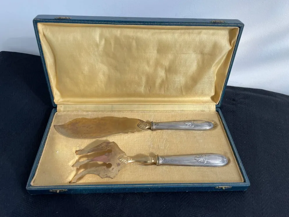 Couvert de service à poisson, argent fourré, métal doré, France