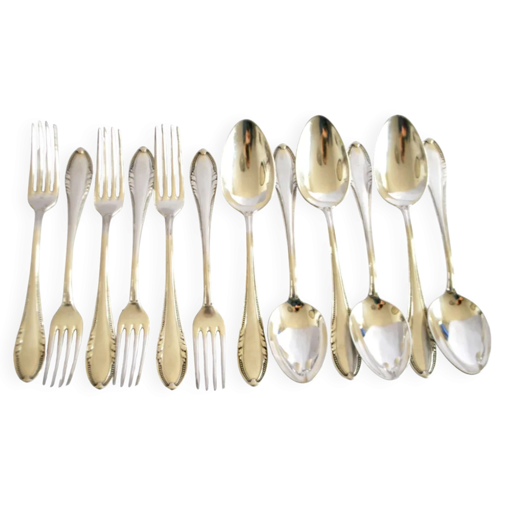 Couvert de table perle 6 fourchettes + 6 cuillères métal argenté allemand Wellner Silber 21cm