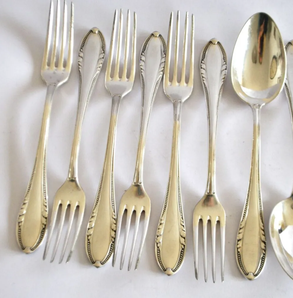 Couvert de table perle 6 fourchettes + 6 cuillères métal argenté allemand Wellner Silber 21cm