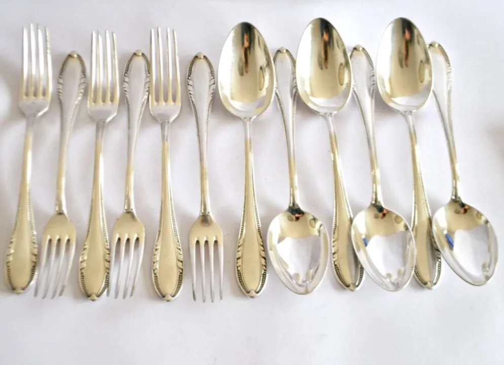 Couvert de table perle 6 fourchettes + 6 cuillères métal argenté allemand Wellner Silber 21cm