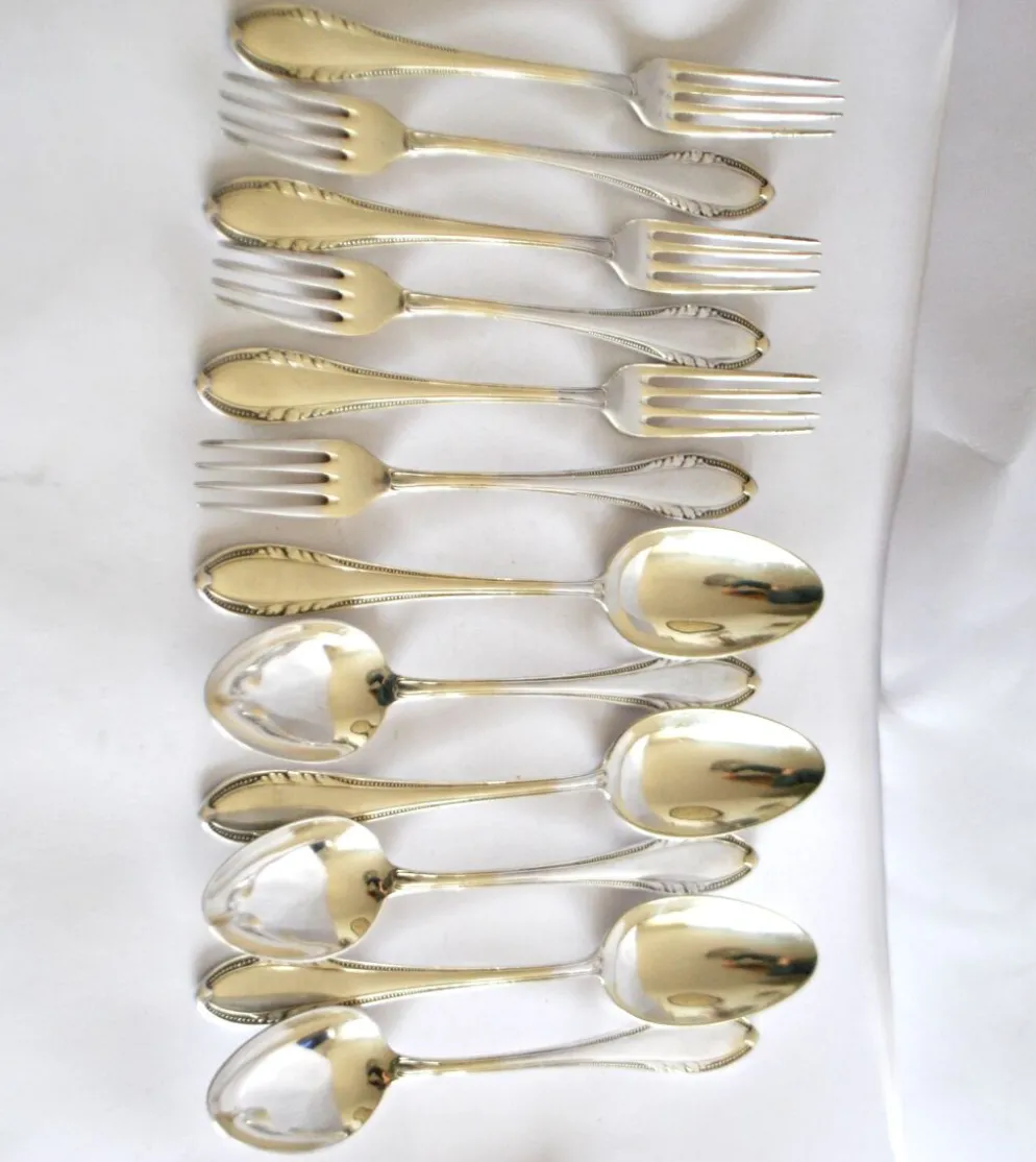 Couvert de table perle 6 fourchettes + 6 cuillères métal argenté allemand Wellner Silber 21cm