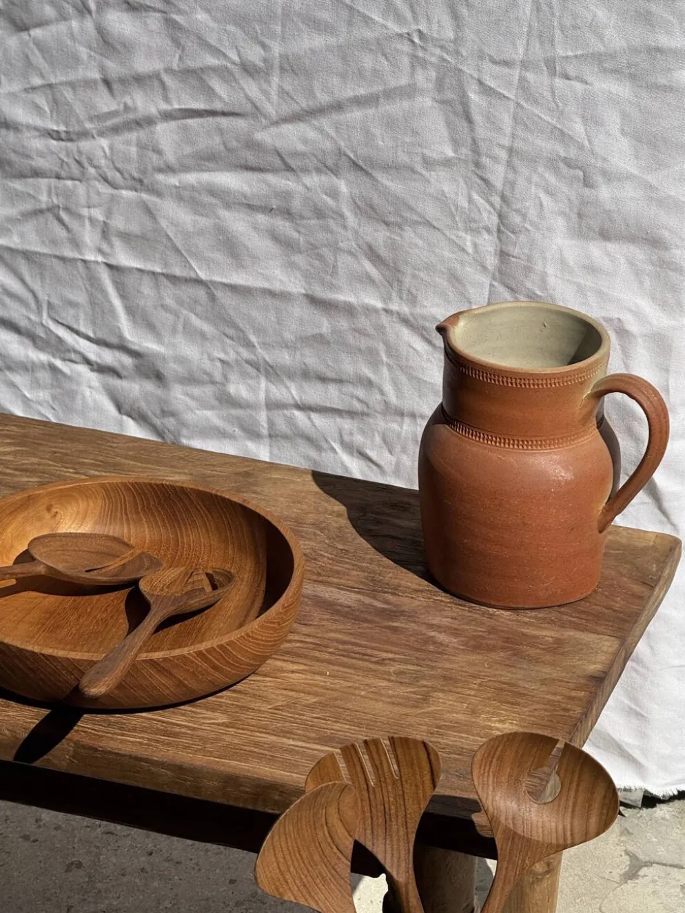 Couvert à salade ou cuiller spatule bout plat fendue en teck L30 D9x8