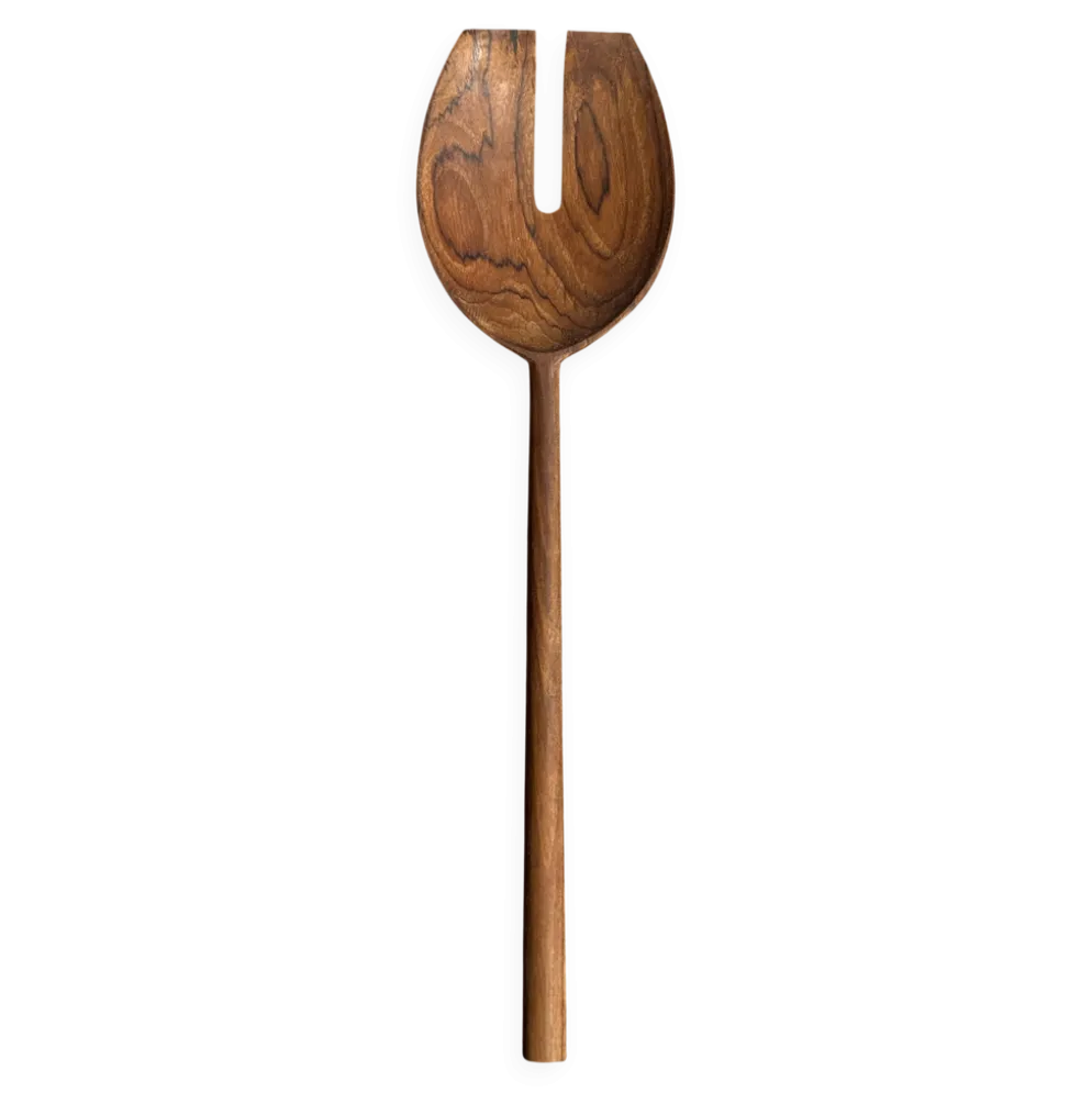 Couvert à salade ou cuiller spatule bout plat fendue en teck L30 D9x8