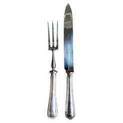 2 couverts de service, à viande Christofle en métal argenté, motif "Spatours"
