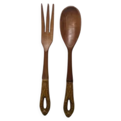 Couverts à salade en bois manche en faïence anciens fabrication artisanale