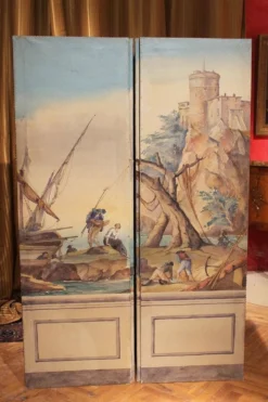 Écran pliant en tempera sur toile français du début du 20e siècle avec vue sur la mer.