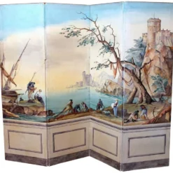 Écran pliant en tempera sur toile français du début du 20e siècle avec vue sur la mer.
