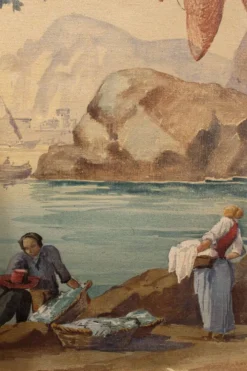 Écran pliant en tempera sur toile français du début du 20e siècle avec vue sur la mer.