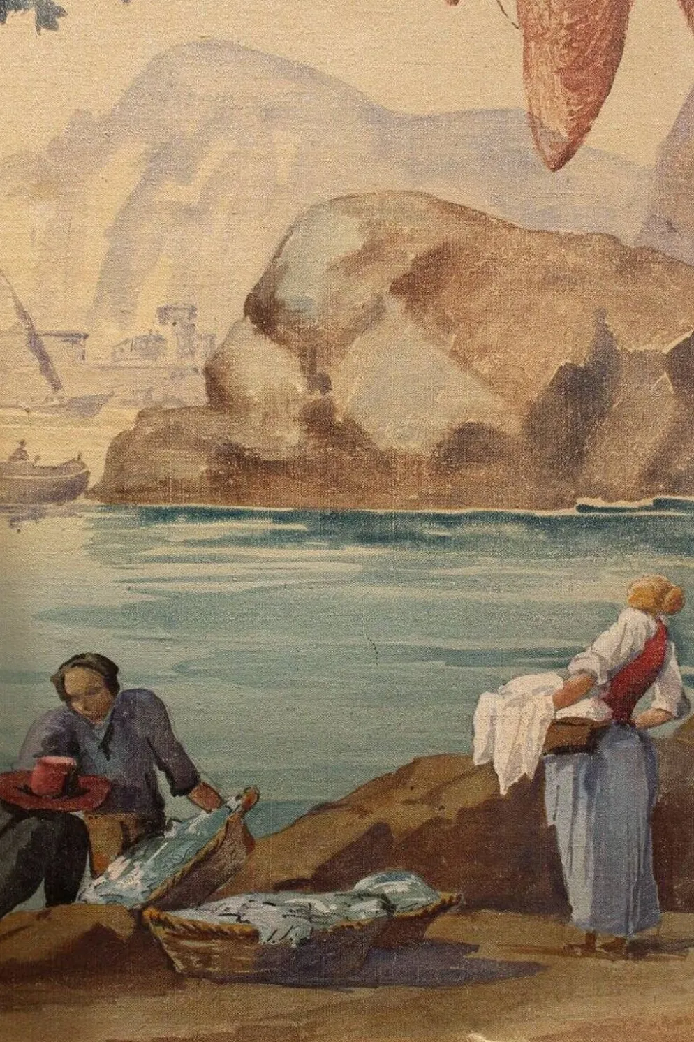 Écran pliant en tempera sur toile français du début du 20e siècle avec vue sur la mer.