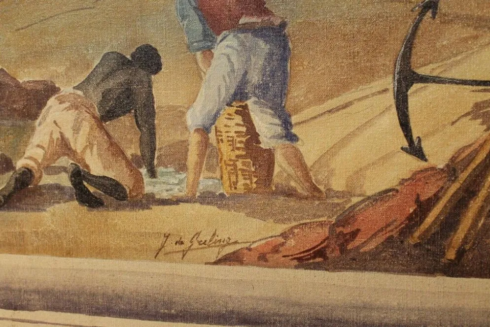 Écran pliant en tempera sur toile français du début du 20e siècle avec vue sur la mer.