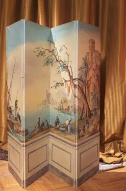 Écran pliant en tempera sur toile français du début du 20e siècle avec vue sur la mer.