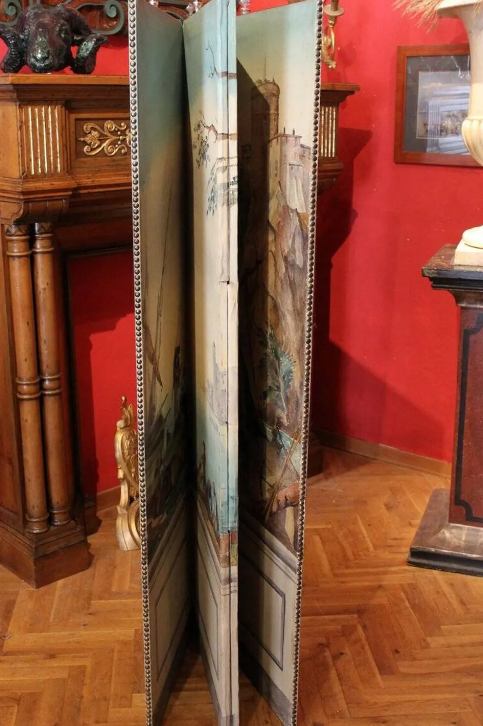 Écran pliant en tempera sur toile français du début du 20e siècle avec vue sur la mer.
