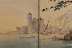 Écran pliant en tempera sur toile français du début du 20e siècle avec vue sur la mer.