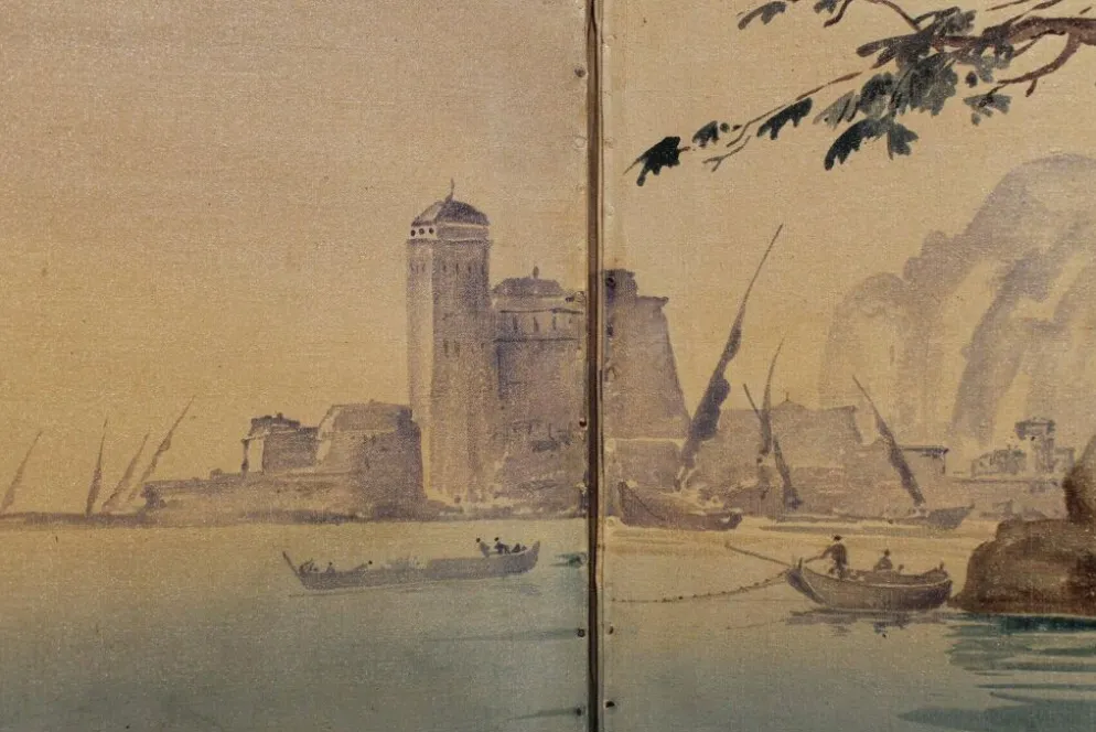 Écran pliant en tempera sur toile français du début du 20e siècle avec vue sur la mer.