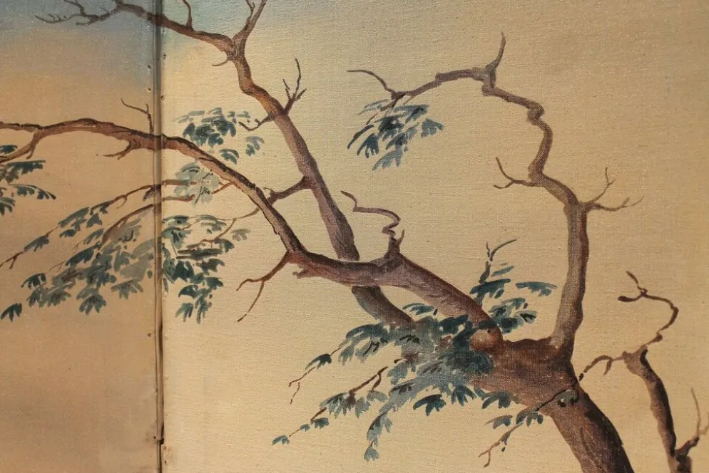 Écran pliant en tempera sur toile français du début du 20e siècle avec vue sur la mer.
