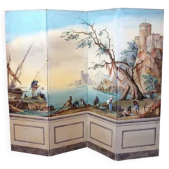 Écran pliant en tempera sur toile français du début du 20e siècle avec vue sur la mer.