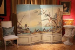 Écran pliant en tempera sur toile français du début du 20e siècle avec vue sur la mer.