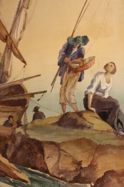 Écran pliant en tempera sur toile français du début du 20e siècle avec vue sur la mer.